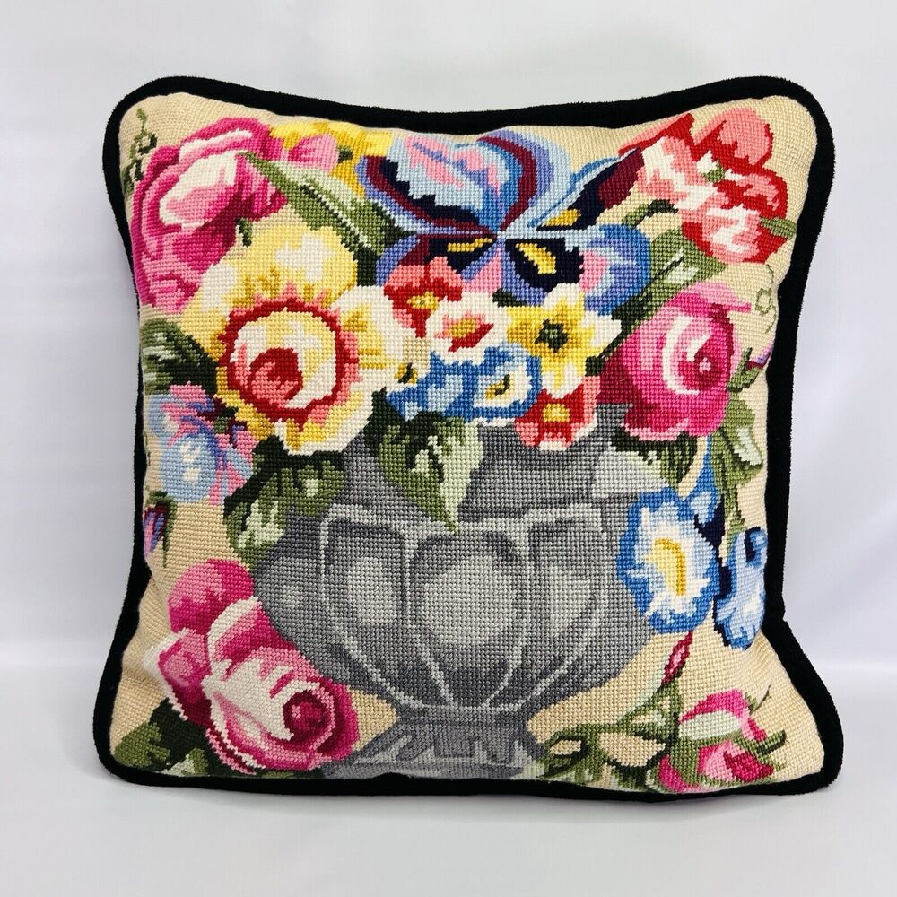 Vtg Vibrant Flowers In Vase Needlepoint 13x13 Handmade Pillow Black Velvet Back